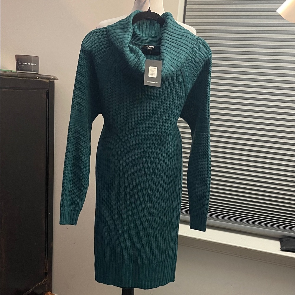 Fashion Nova Teal Ribbed Cowl Neck Sweater Dress